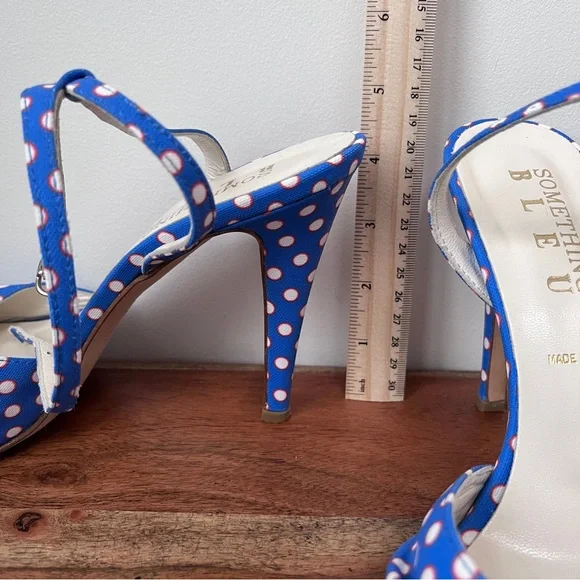 Something Bleu, polka dot sandals, blue/orange/white. Leather sole, size 9 - Picture 5 of 8